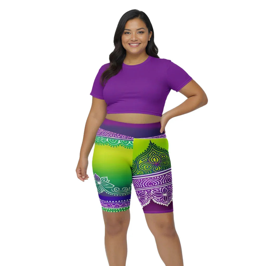 Evani Henna - Plus Athlo Yoga Long Shorts sustainable fashion athleisure includes plus size activewear yoga clothes unique flare leggings shorts dresses one pieces travel wear for ladies