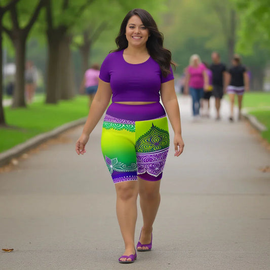 Evani Henna - Plus Athlo Yoga Long Shorts sustainable fashion athleisure includes plus size activewear yoga clothes unique flare leggings shorts dresses one pieces travel wear for ladies