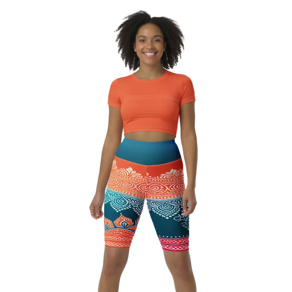 Arsha Henna - Athlo Yoga Long Shorts sustainable fashion athleisure includes plus size activewear yoga clothes unique flare leggings shorts dresses one pieces travel wear for ladies