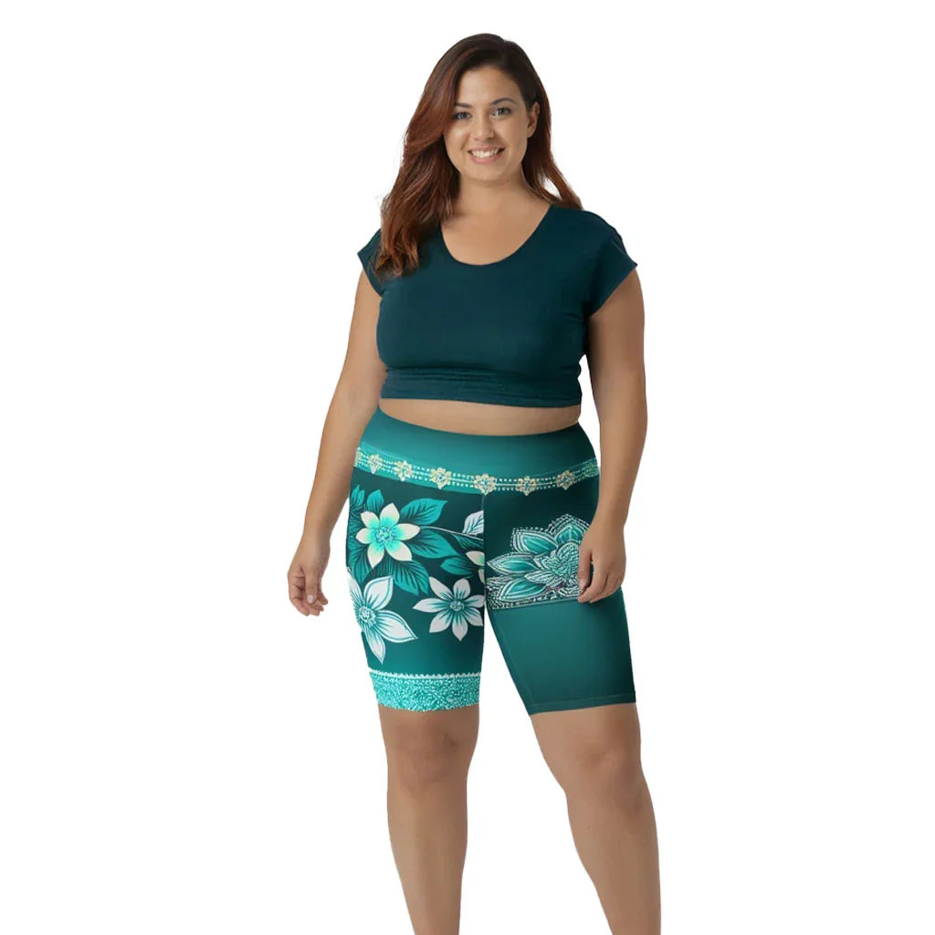 Heeya Henna - Plus Athlo Yoga Long Shorts sustainable fashion athleisure includes plus size activewear yoga clothes unique flare leggings shorts dresses one pieces travel wear for ladies